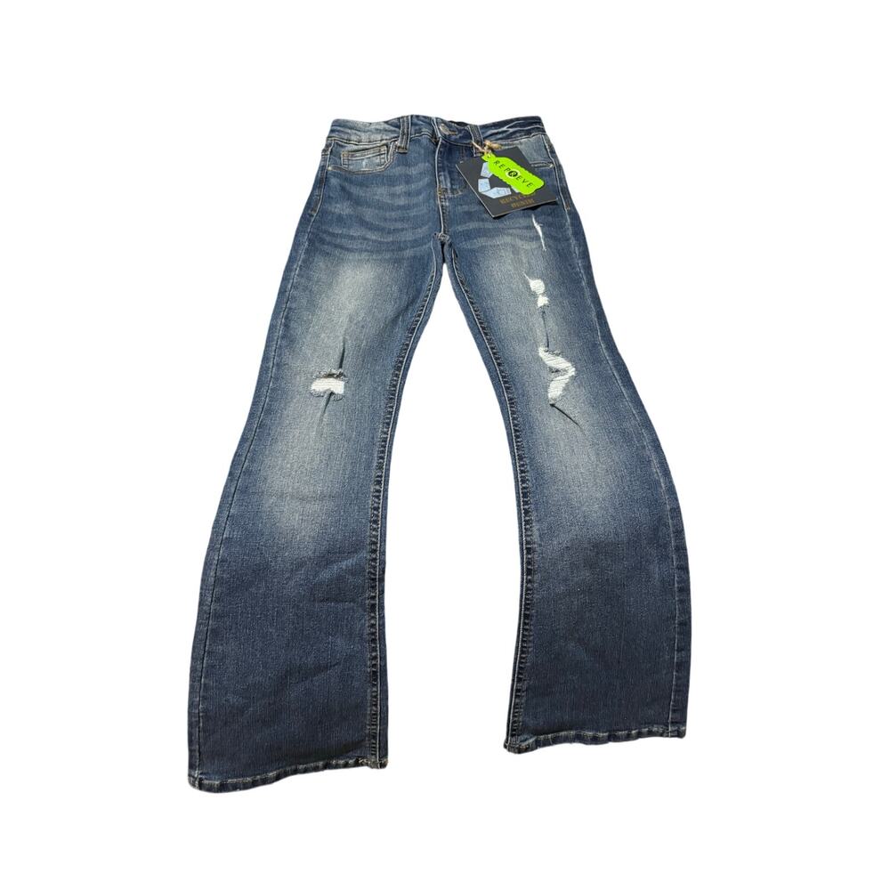 Indigo Rein 8 flare jeans adjustable waist stretch pockets euc blue modern style